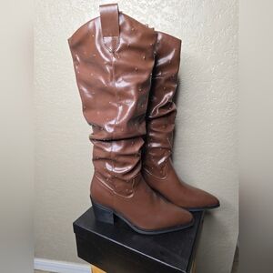 NIB! Sz. 7 Ladies Brown Studded Slouch Cowboy Boots By AIUNIIND